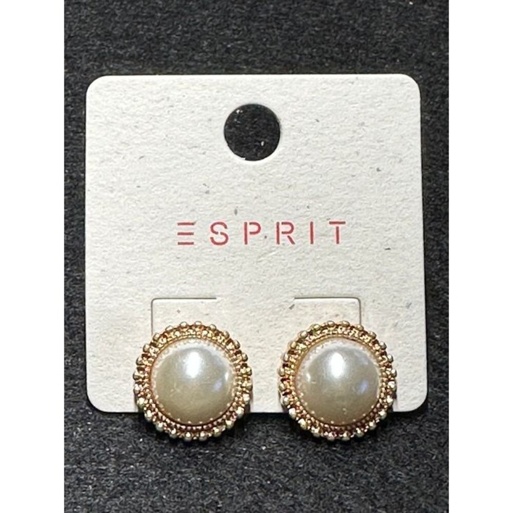 ESPRIT Gold Tone Pearl Stud Earrings Beaded Border Bridal Classic Style New